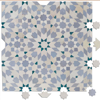 Mosaic House Moroccan tile Batha 1-17-28 White Sky blue Teal  zellige, mosaic, zellij, field, pattern, glaze, classic, stars, intricate 